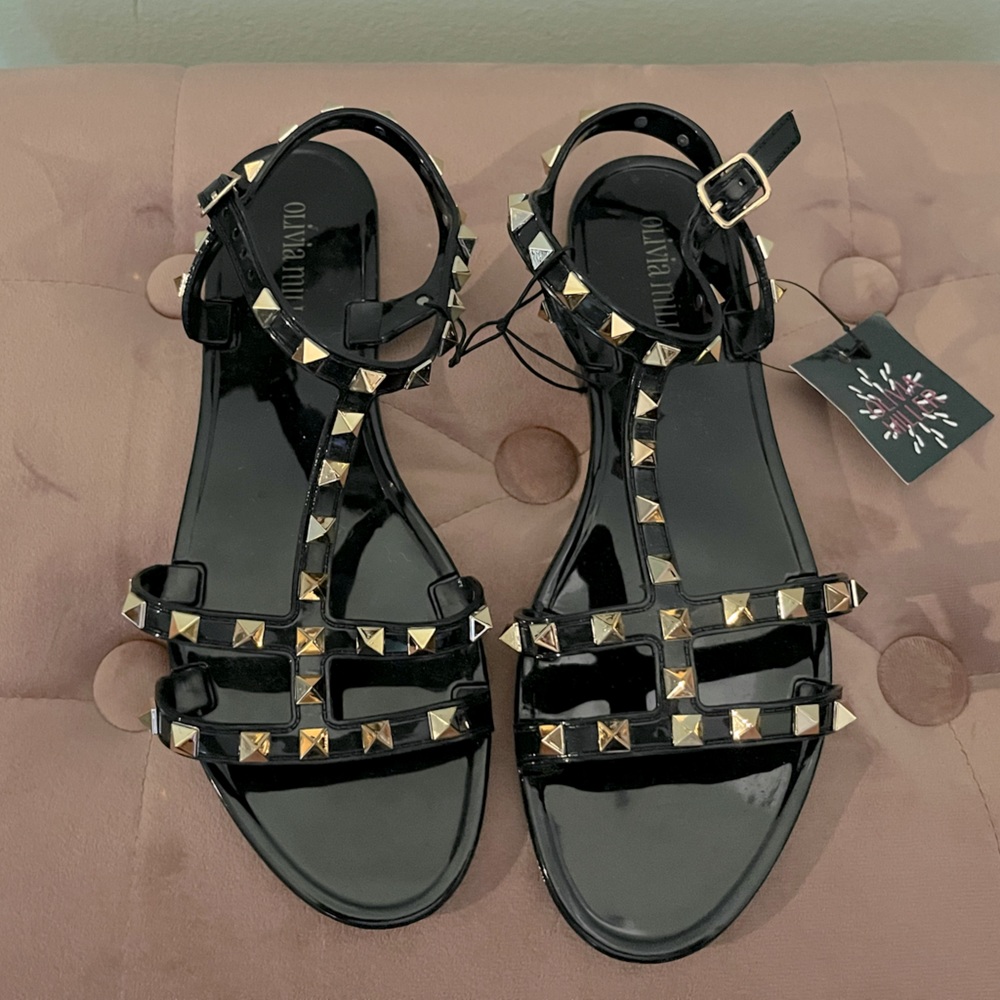 Olivia Miller Black Studded Anklet Strap PVC Sandals, size 8 NWT